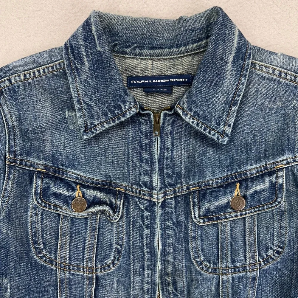 VTG Ralph Lauren Sport‎ Jean Jacket Kids XS Blue Distressed Western